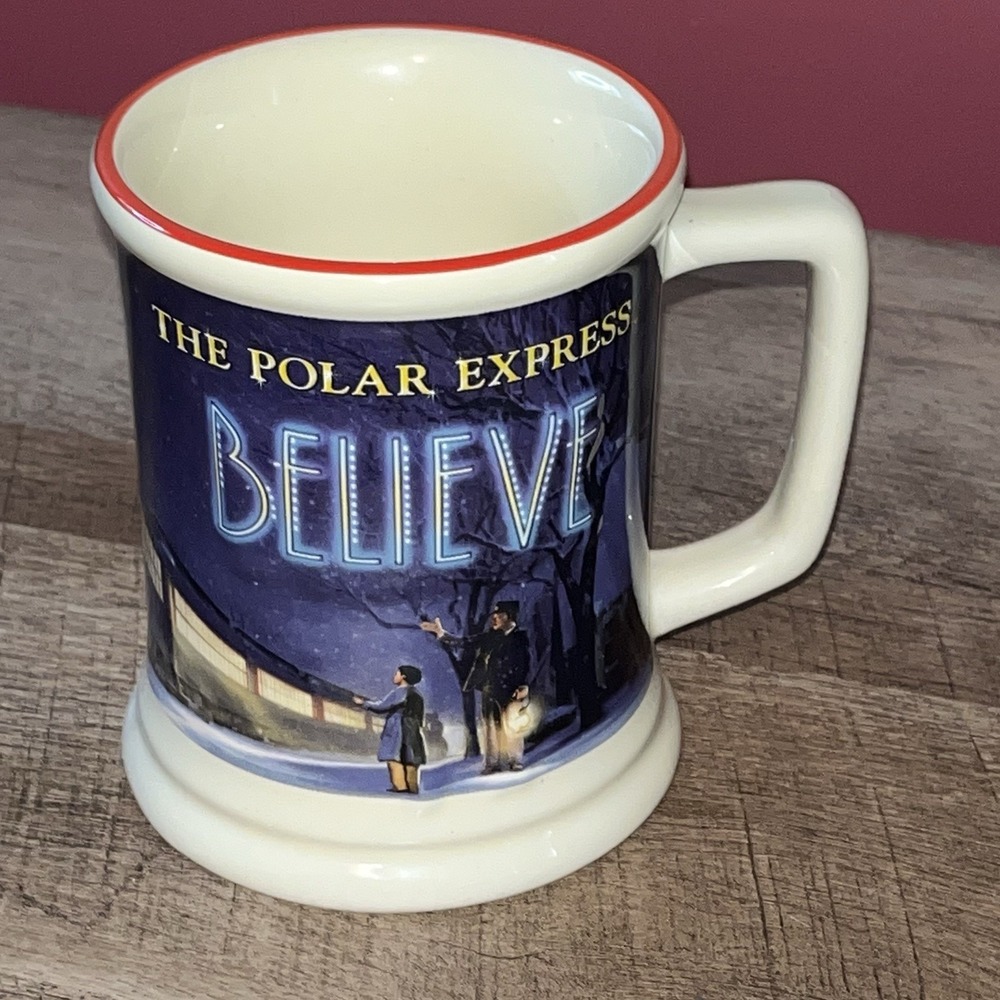 Warner Bros The Polar Express Train 'Believe' 3D Raised Cocoa‎ Coffee Mug EC